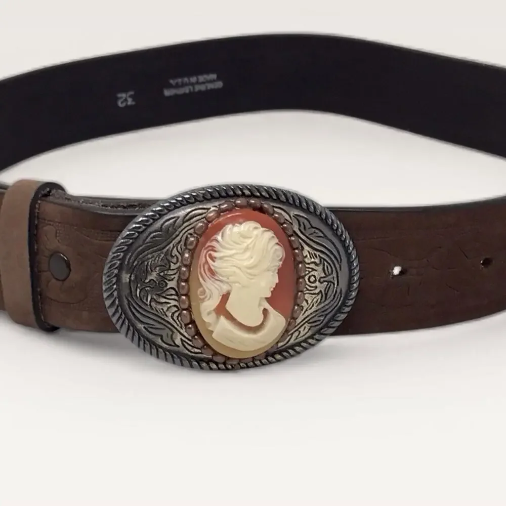 Vintage Cameo Buckle Leather Belt Floral Embossed Brown By Funkie Junk